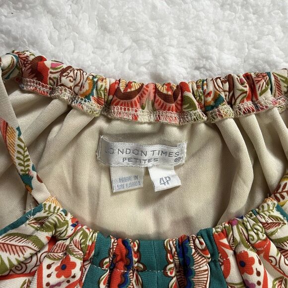 London Times Petit Women Mini Dress Size 4P Multicolor Print Strech Keyhole - Picture 3 of 7